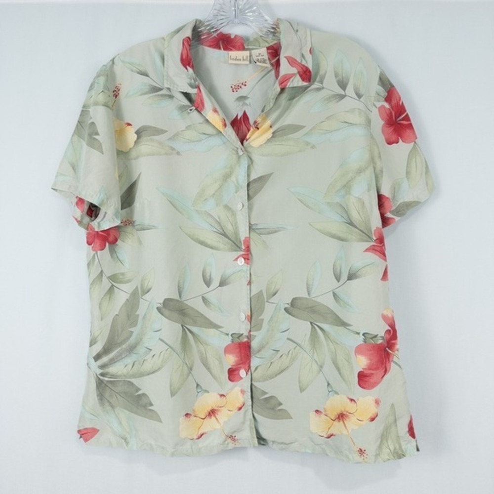 Linden Hill Silk Floral Hawaiian Shirt Womens Medium Tropical Beach Resort Green